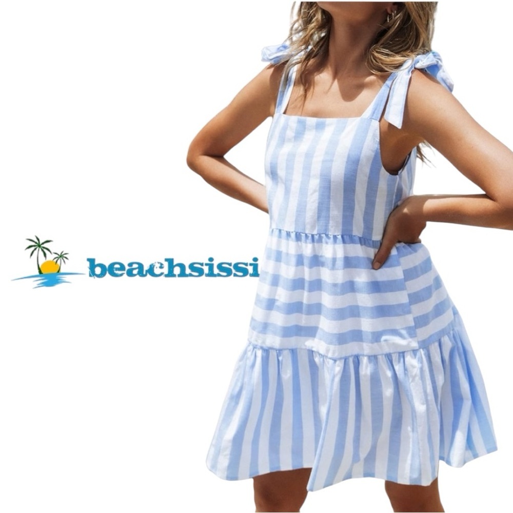 🌷beachsissi Ruffled Baby Blue&White Striped Beach Dress Size M 3/$30